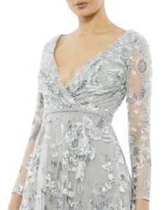 Embellished V Neck Illusion Long Sleeve A Line Gown sold by Lord & Taylor