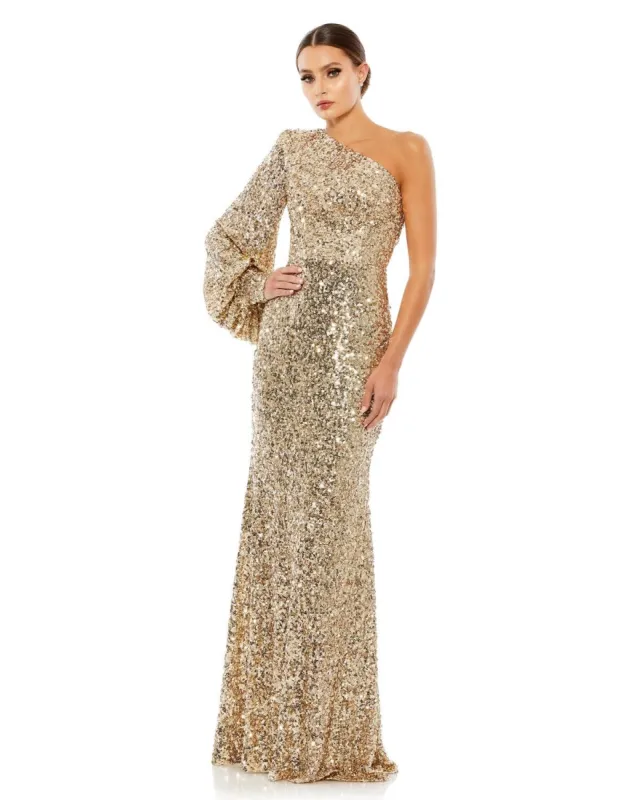 Sequined One Shoulder Bishop Sleeve Trumpet Gown sold by Lord & Taylor
