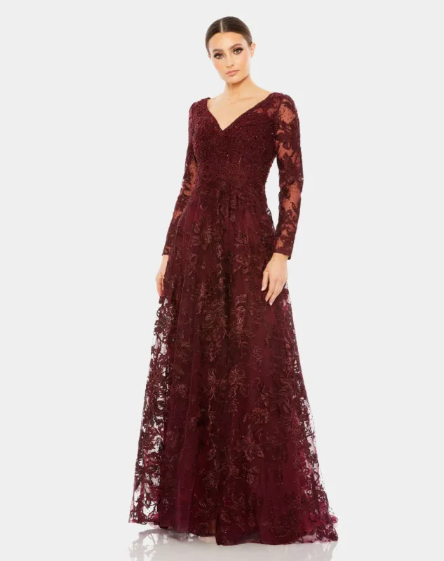 Embellished Illusion Long Sleeve V Neck Gown sold by Lord & Taylor