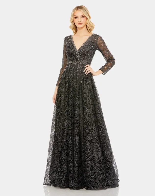 Embellished Illusion Long Sleeve V Neck Gown sold by Lord & Taylor