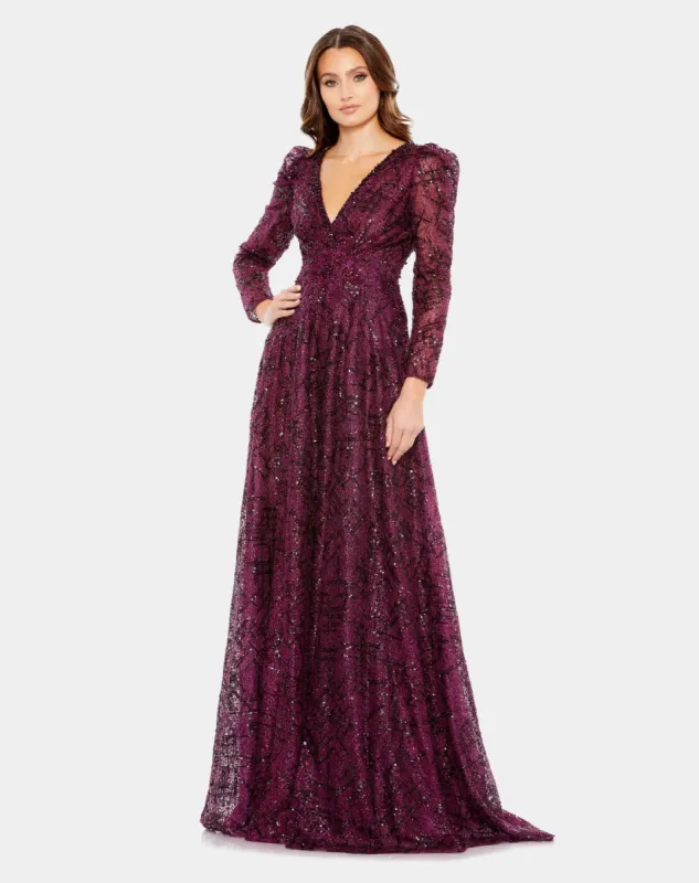 Embellished V Neck Long Sleeve A Line Gown sold by Lord & Taylor