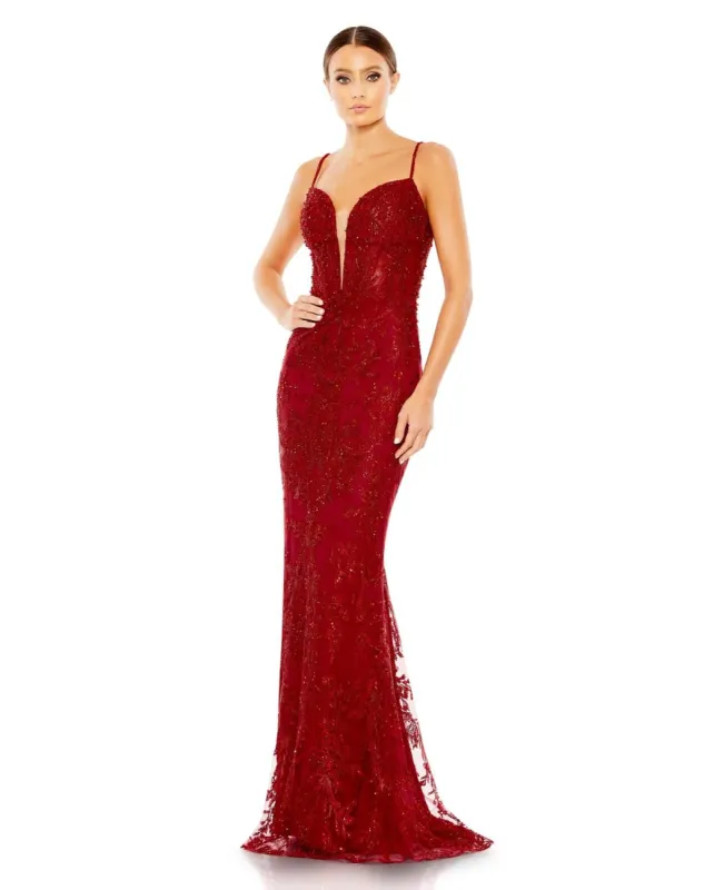 Embellished Plunge Neck Illusion Mermaid Gown sold by Lord & Taylor
