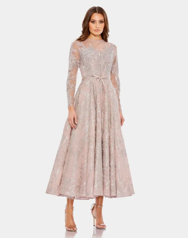 Embellished Bow Belt Illusion Long Sleeve A Line Dress sold by Lord & Taylor