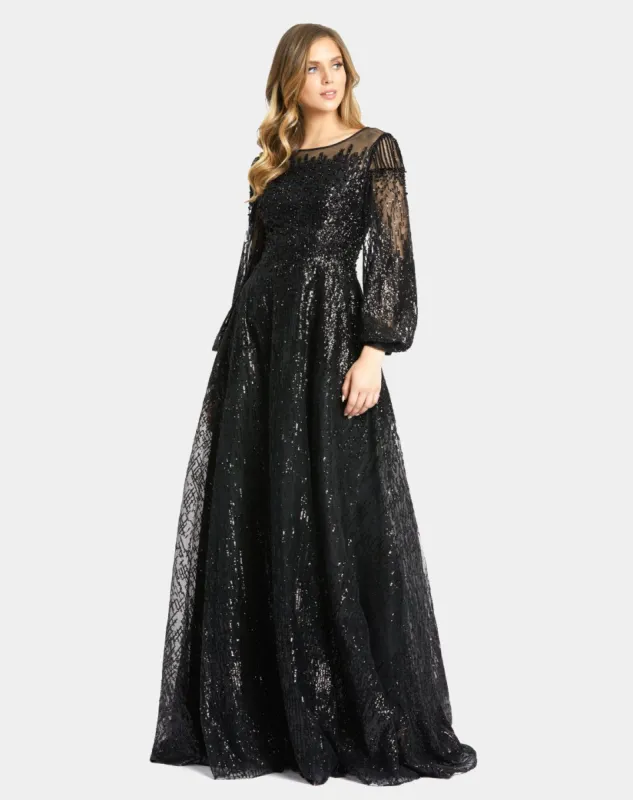 Jewel Encrusted Illusion Long Sleeve A Line Gown sold by Lord & Taylor