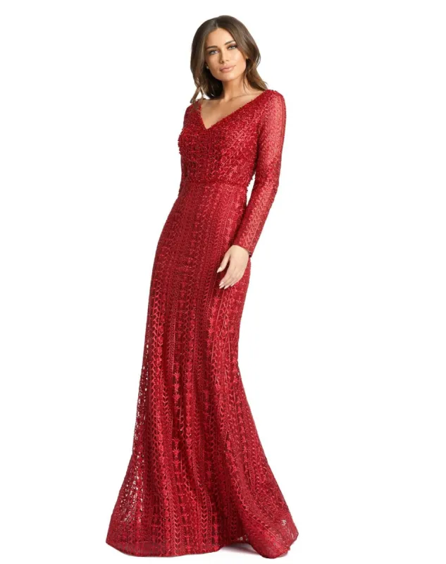 Embroidered Long Sleeve V Neck Trumpet Gown sold by Lord & Taylor