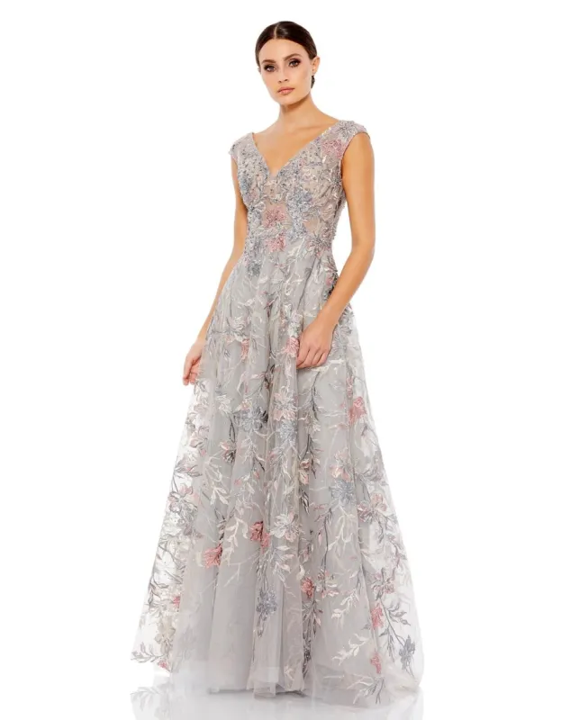 Embroidered Illusion Cap Sleeve A Line Gown sold by Lord & Taylor