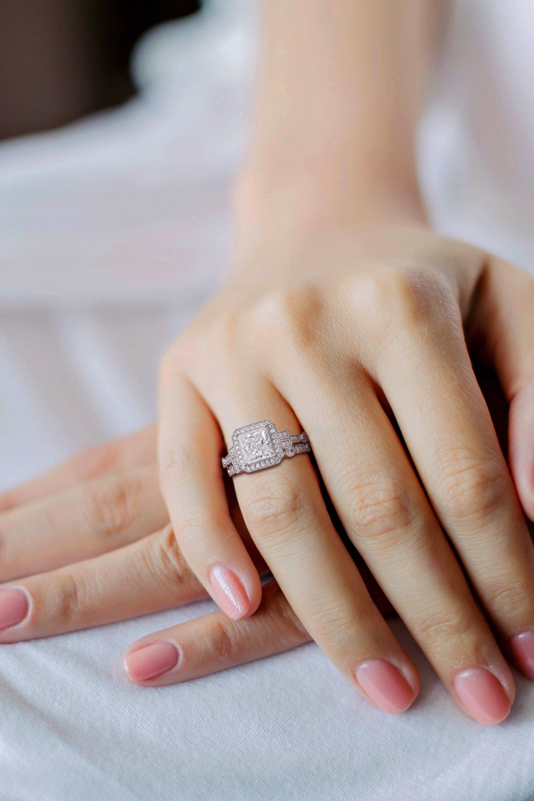 Moissanite Square Halo Bridal Ring Set in Sterling Silver sold by Lord & Taylor product image thumbnail 6