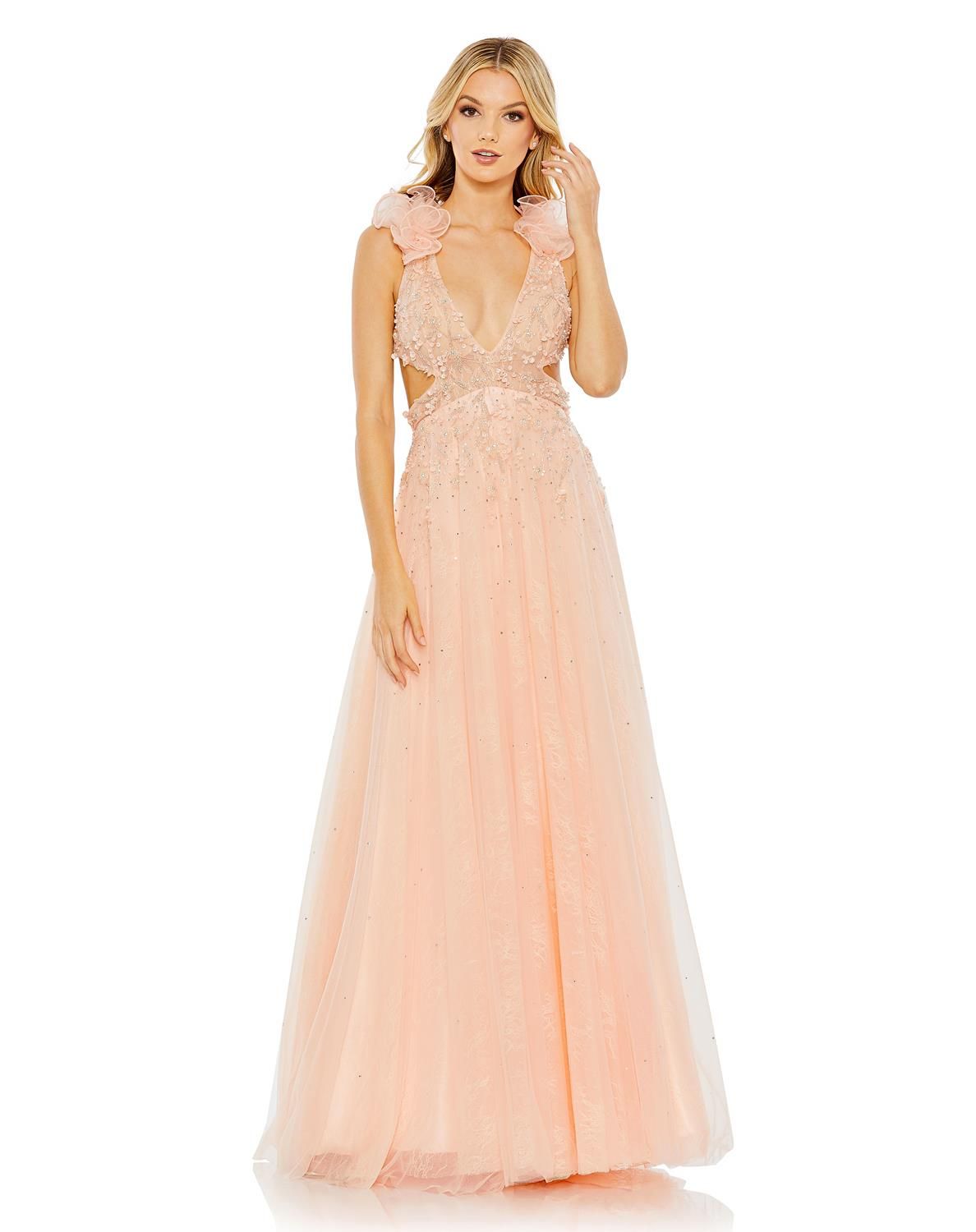 Embellished Ruffle Shoulder Cut Out A Line Gown sold by Lord & Taylor