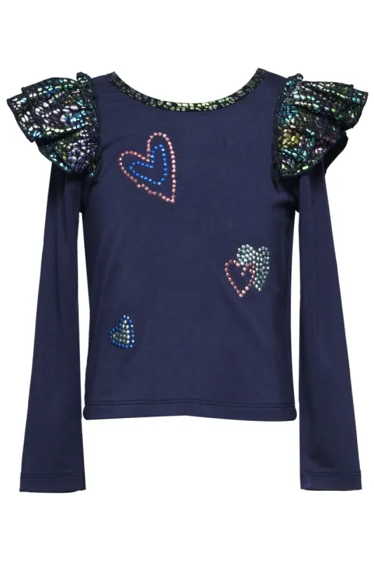 Girls Long Sleeve Contrast Ruffle Detail And Heart Stud Hot Fix Top sold by Lord & Taylor