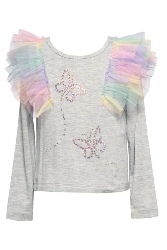 Girls Long Sleeve Rainbow Mesh Ruffle And Butterfly Rhinestone Detail Top sold by Lord & Taylor