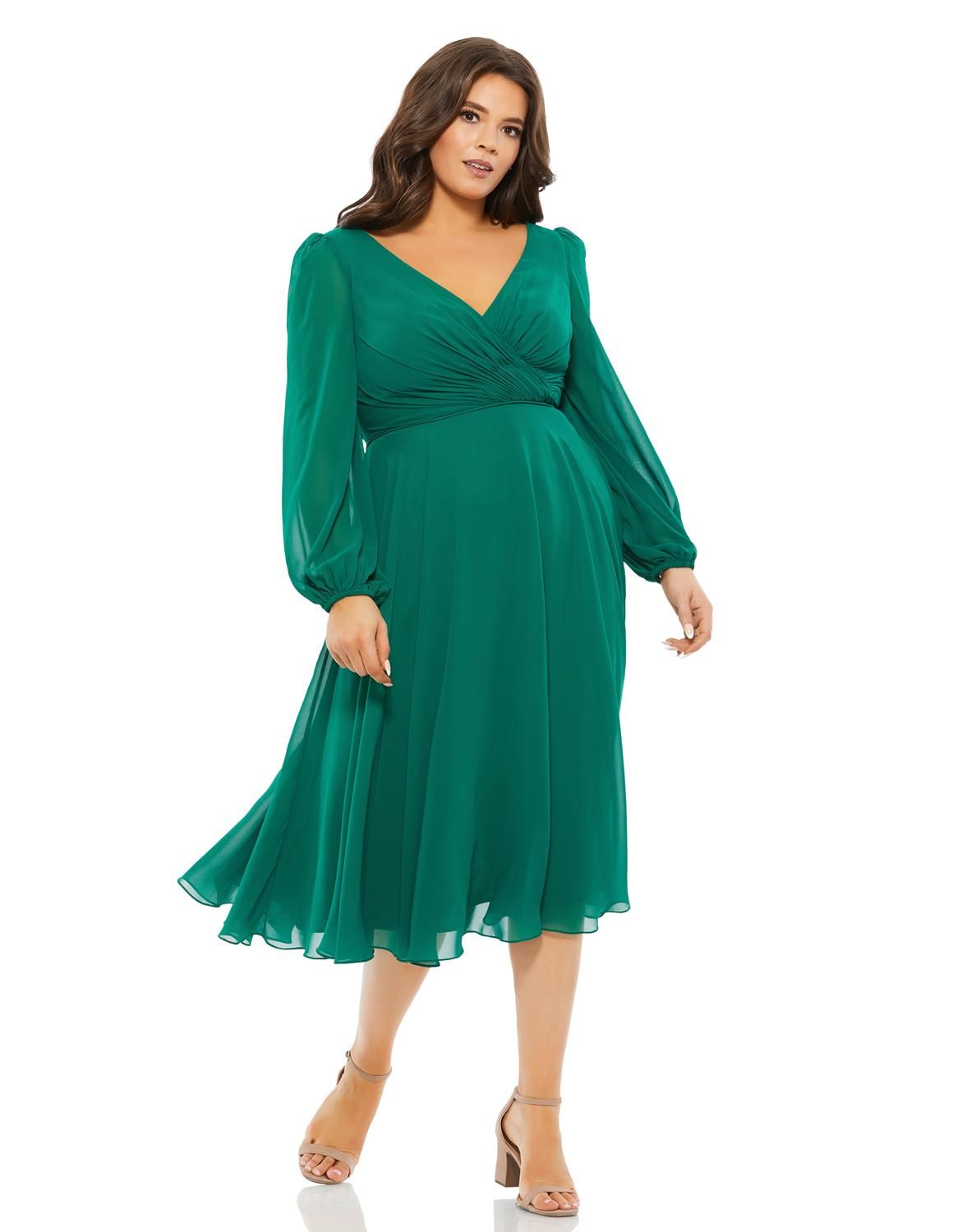 Long Sleeve V Neck Chiffon A-Line Midi Dress sold by Lord & Taylor