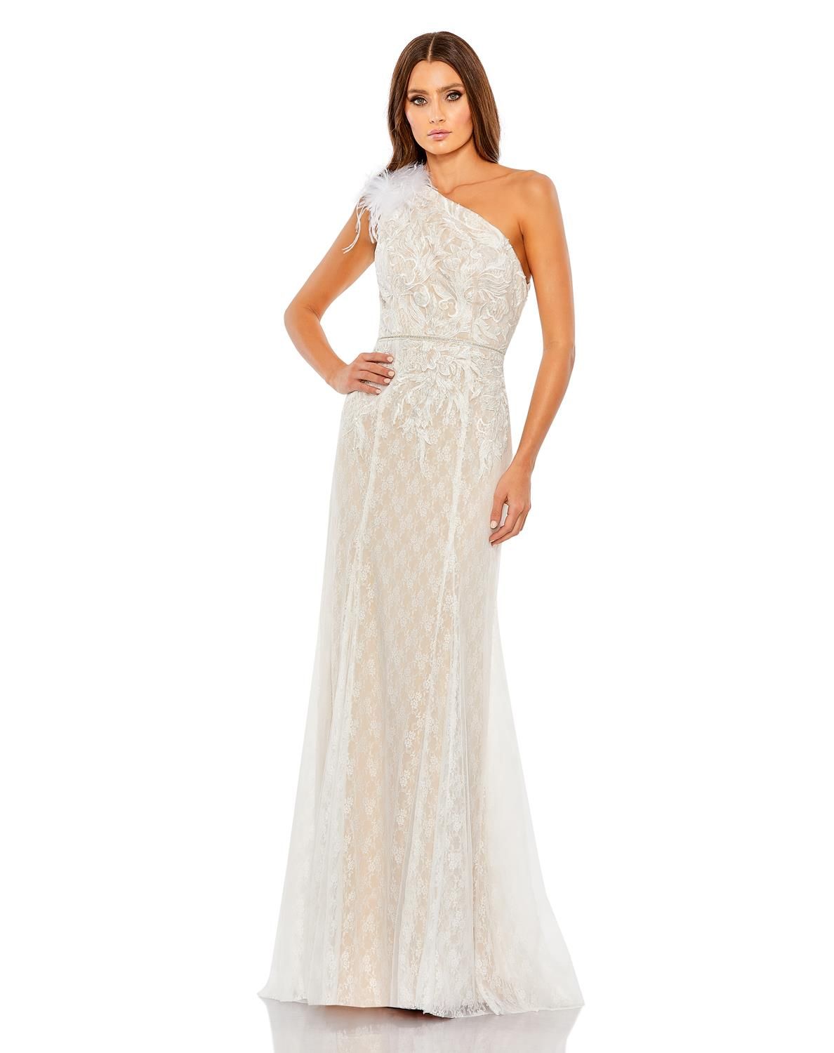 Embellished Feather One Shoulder Trumpet Gown sold by Lord & Taylor