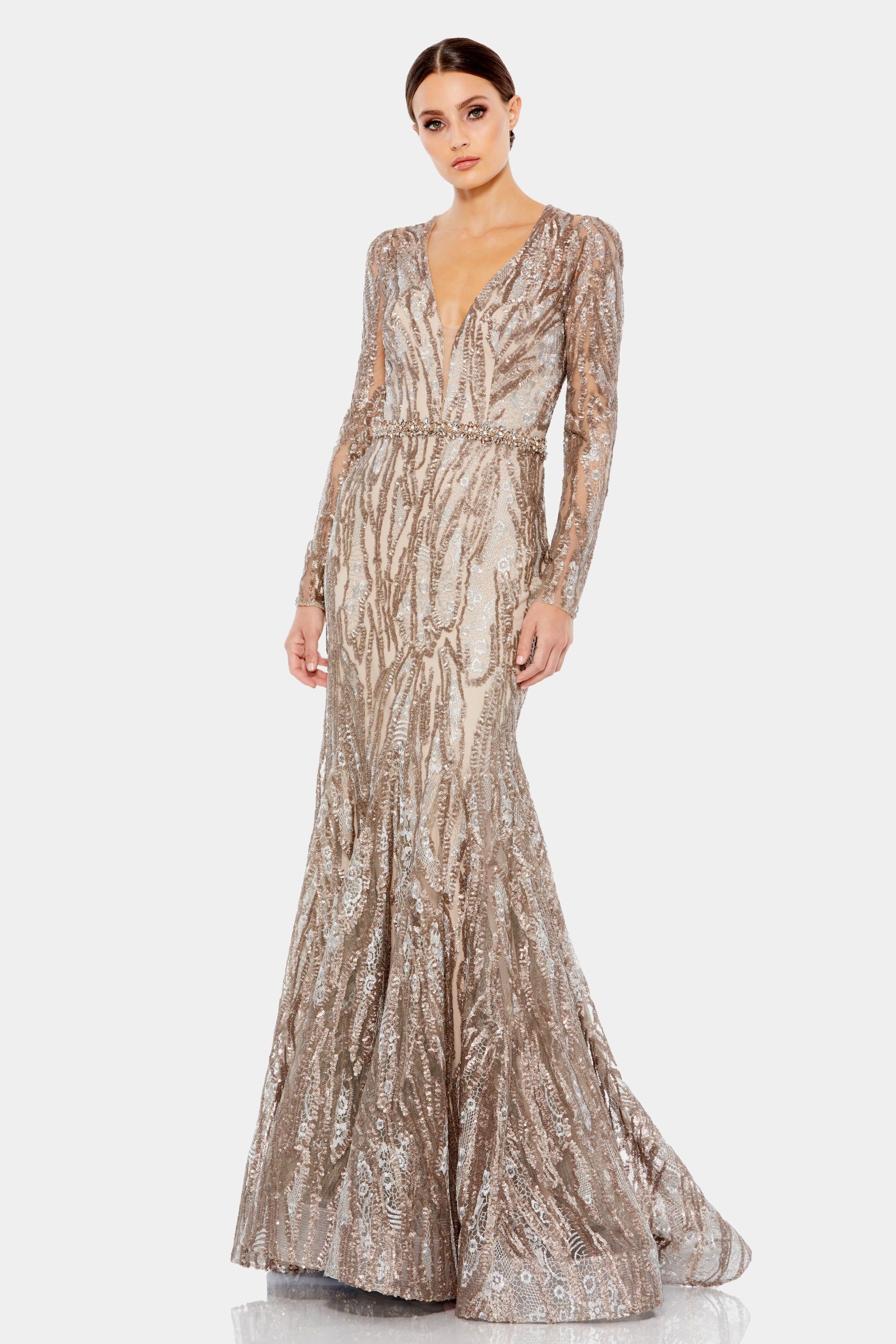 Embellished Plunge Neck Trumpet Gown sold by Lord & Taylor