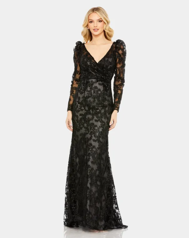Embroidered Lace Puff Sleeve Wrap Over Gown sold by Lord & Taylor