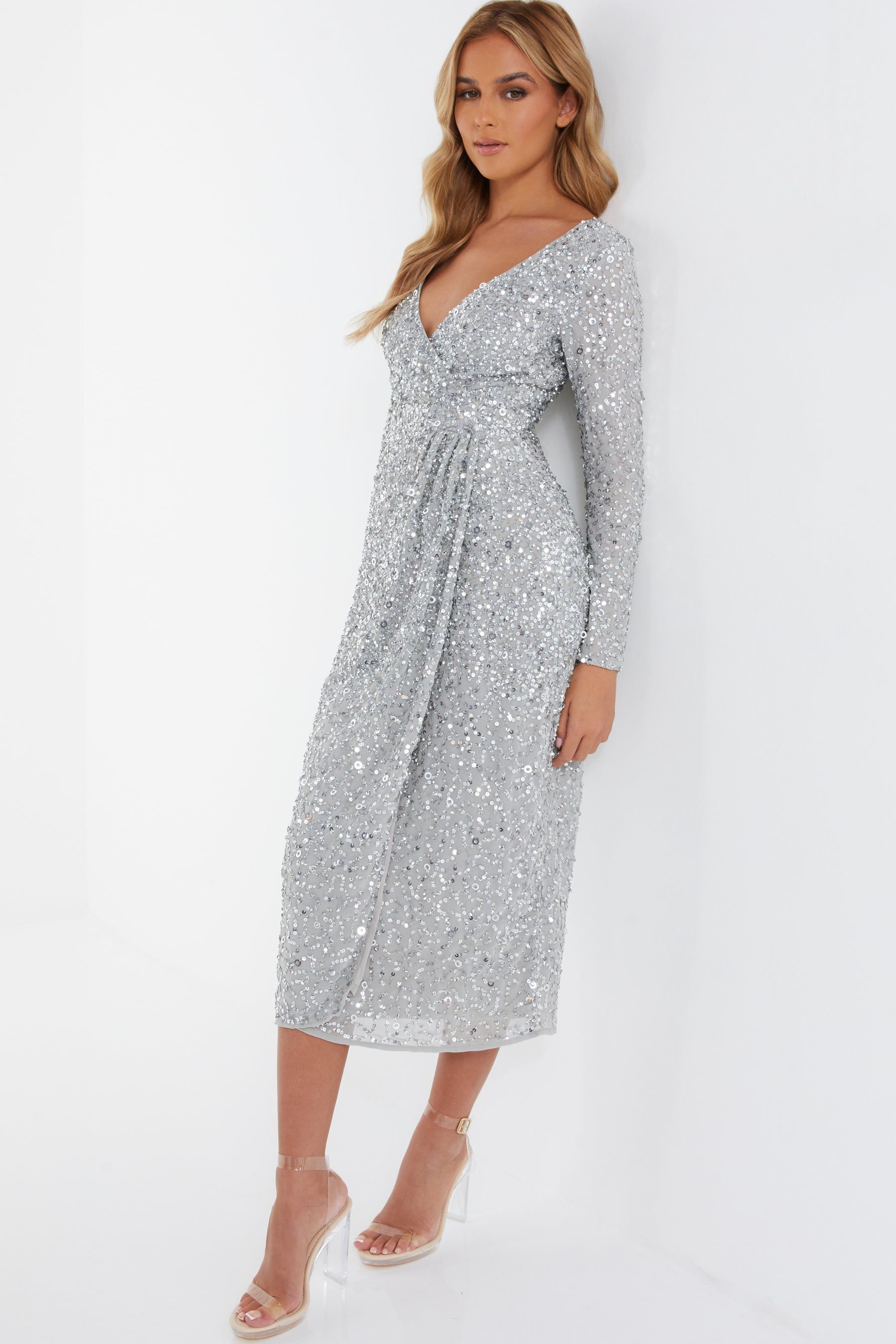 Long Sleeve Surplice Tulip Hem Sequin Midi Dress sold by Lord & Taylor product image thumbnail 5