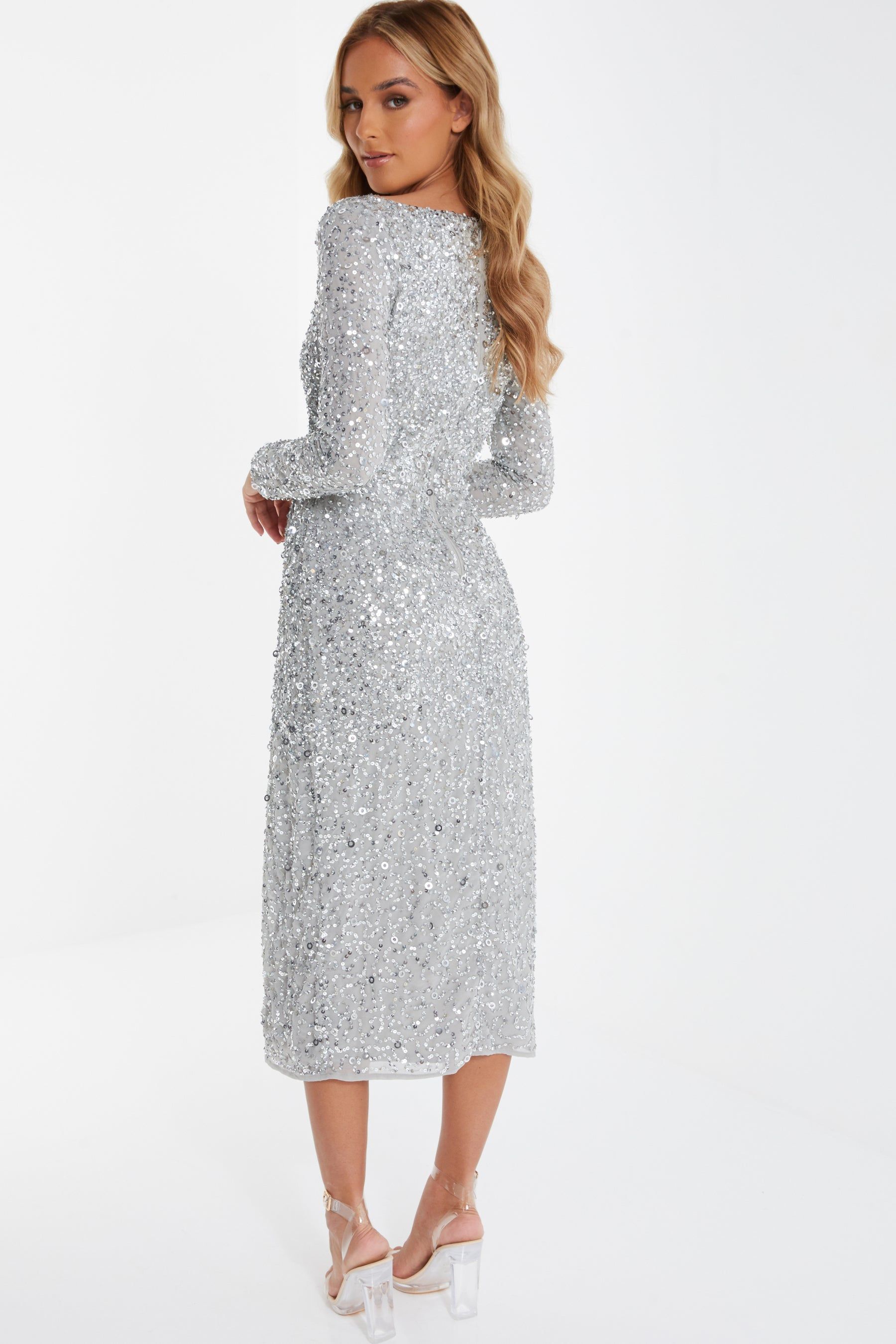 Long Sleeve Surplice Tulip Hem Sequin Midi Dress sold by Lord & Taylor product image thumbnail 4