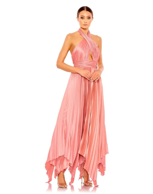 Pleated Halter Neck Asymmetrical Hem Gown sold by Lord & Taylor