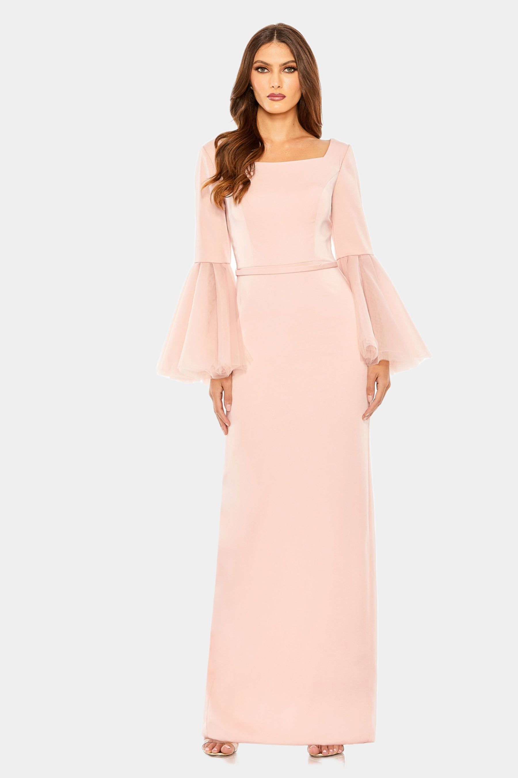 Flounced Sleeve Square Neck Column Gown sold by Lord & Taylor