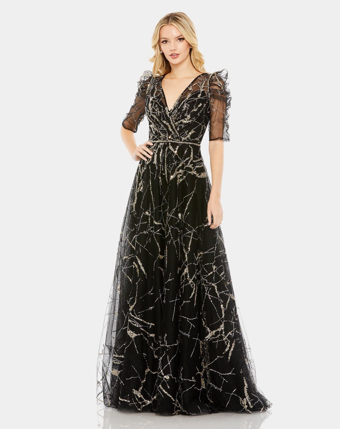 Embellished Gathered Puff Sleeve Faux Wrap Gown sold by Lord & Taylor