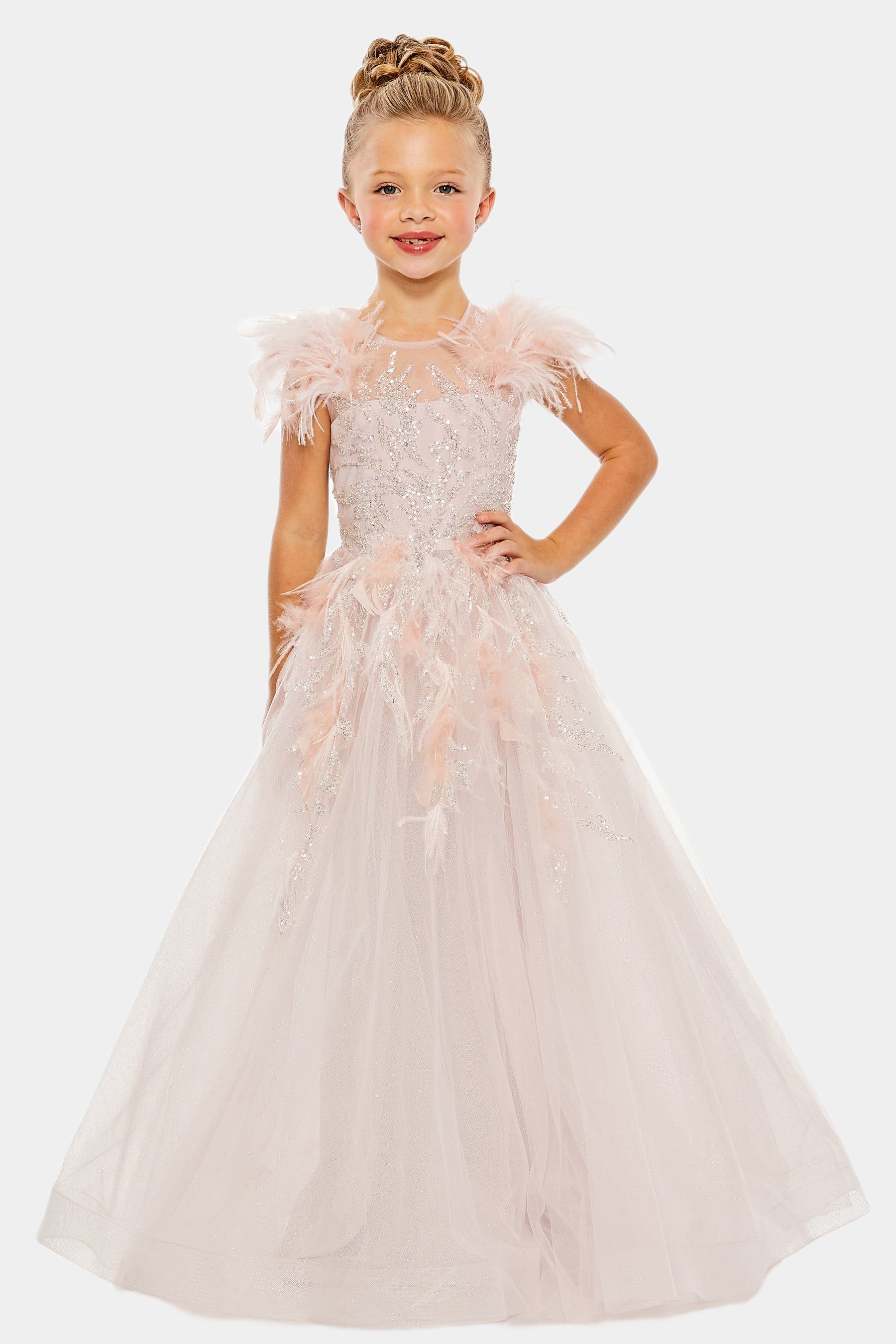 Girls Feather Detail Sleeve Glitter Tulle Dress sold by Lord & Taylor