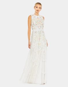 Embellished High Neck Sleeveless Ruffled Gown sold by Lord & Taylor