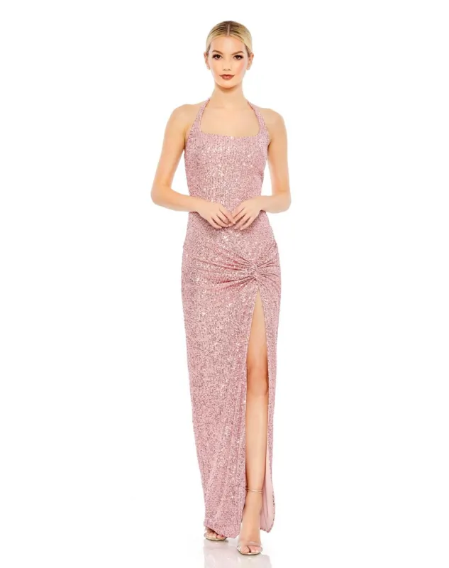 Sequined Halter Strap Low Side Knot Gown sold by Lord & Taylor