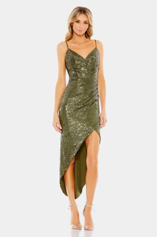 Sequined Faux Wrap Asymmetrical Hem Dress sold by Lord & Taylor