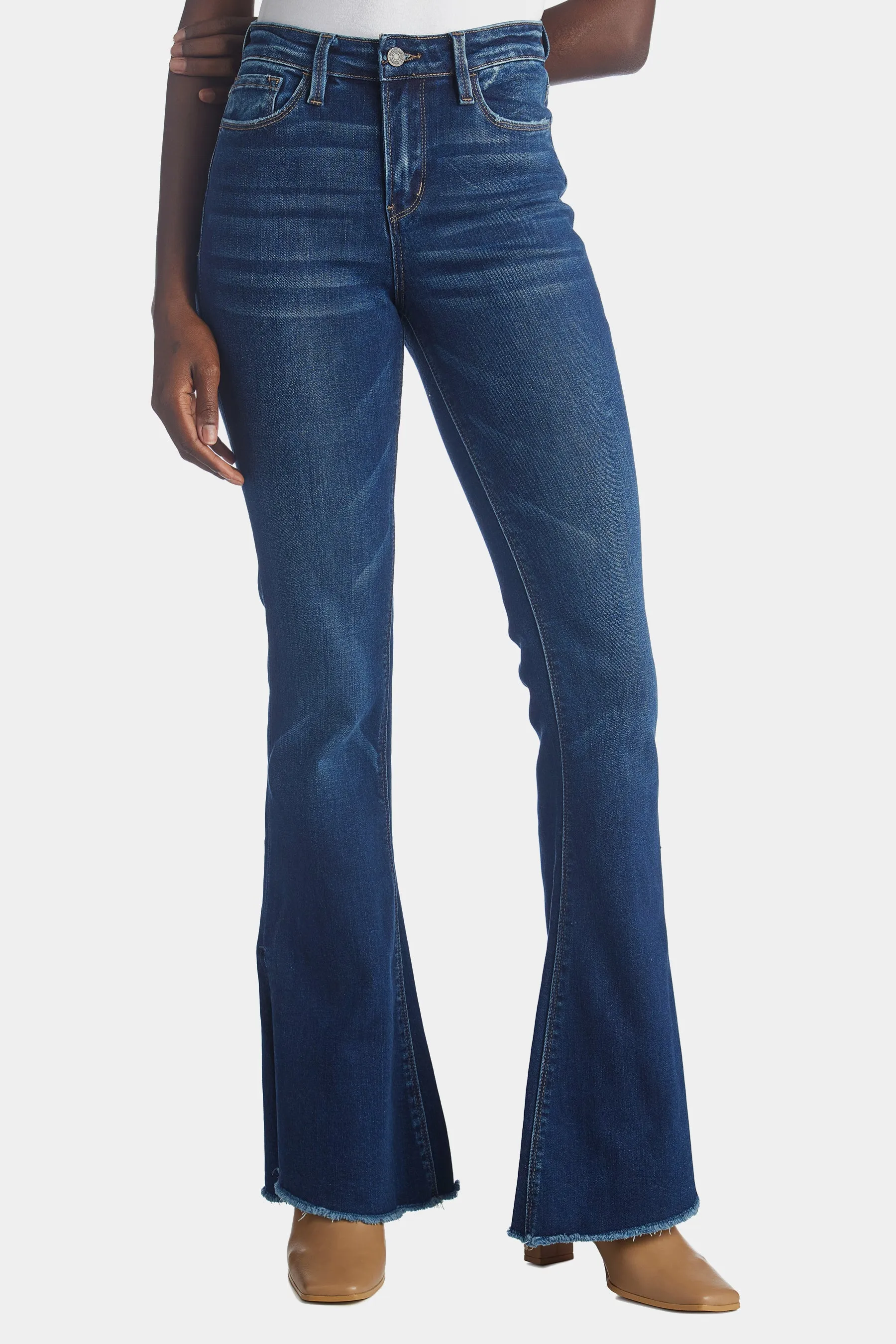 High Rise Slit Uneven Hem Flared Jeans sold by Lord & Taylor