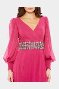 Bishop Sleeve Wrap Over Belt Detail Flowy Gown sold by Lord & Taylor