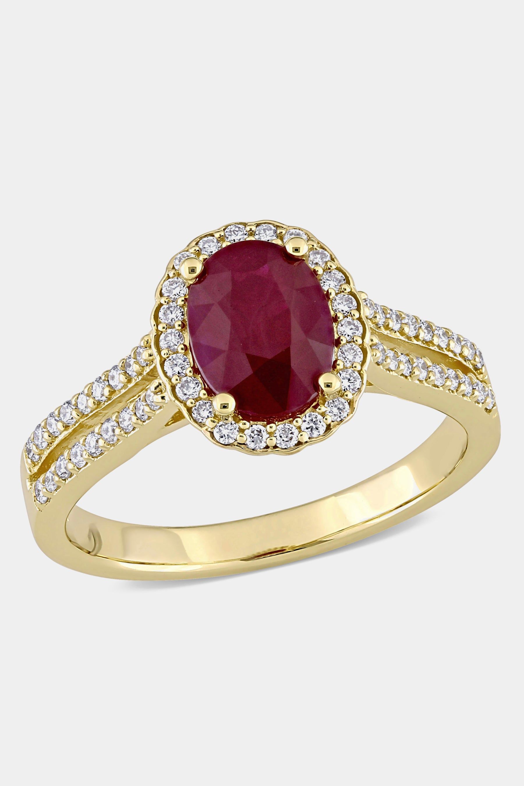 Oval Ruby and Diamond Floral Halo Double Row Ring in 14k Yellow Gold sold by Lord & Taylor