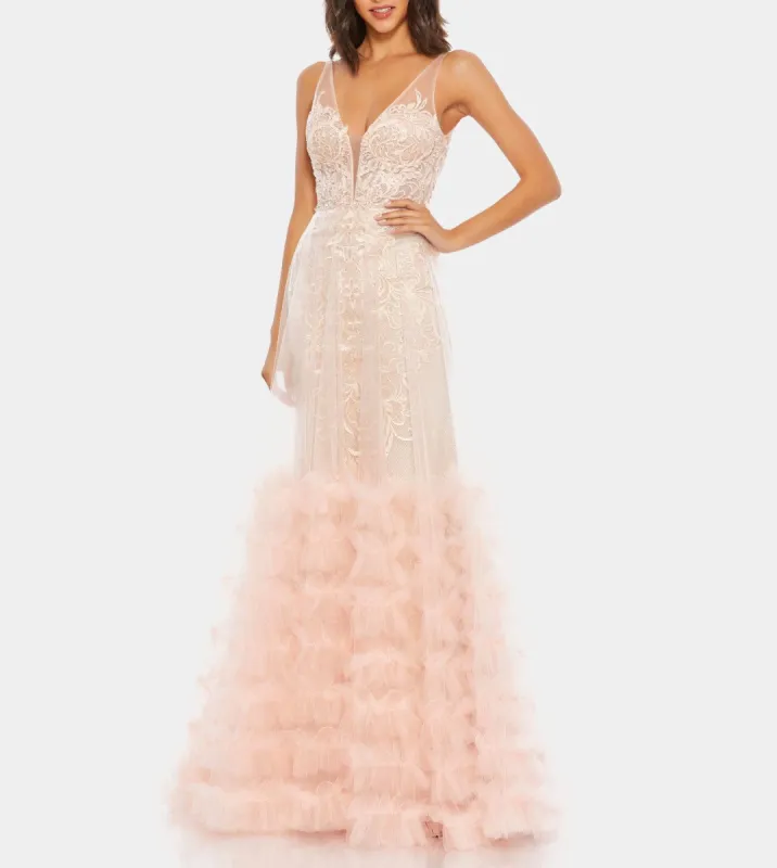 Lace Ruffle Tiered Sleeveless Plunge Neck Gown sold by Lord & Taylor