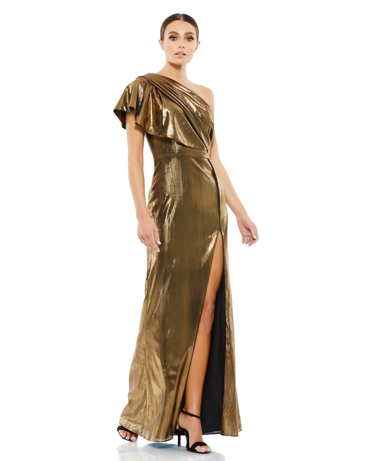 Metallic Ruffle One Shoulder Gown sold by Lord & Taylor