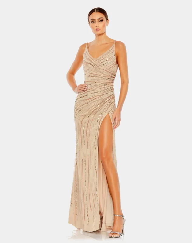 Sequined Spaghetti Strap Cowl Back Gown sold by Lord & Taylor