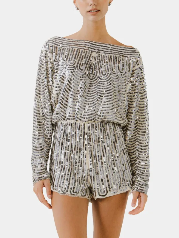 Boat Neck Sequin Romper sold by Lord & Taylor