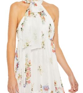 Floral Print Ruched Tiered High Neck Bow Gown sold by Lord & Taylor