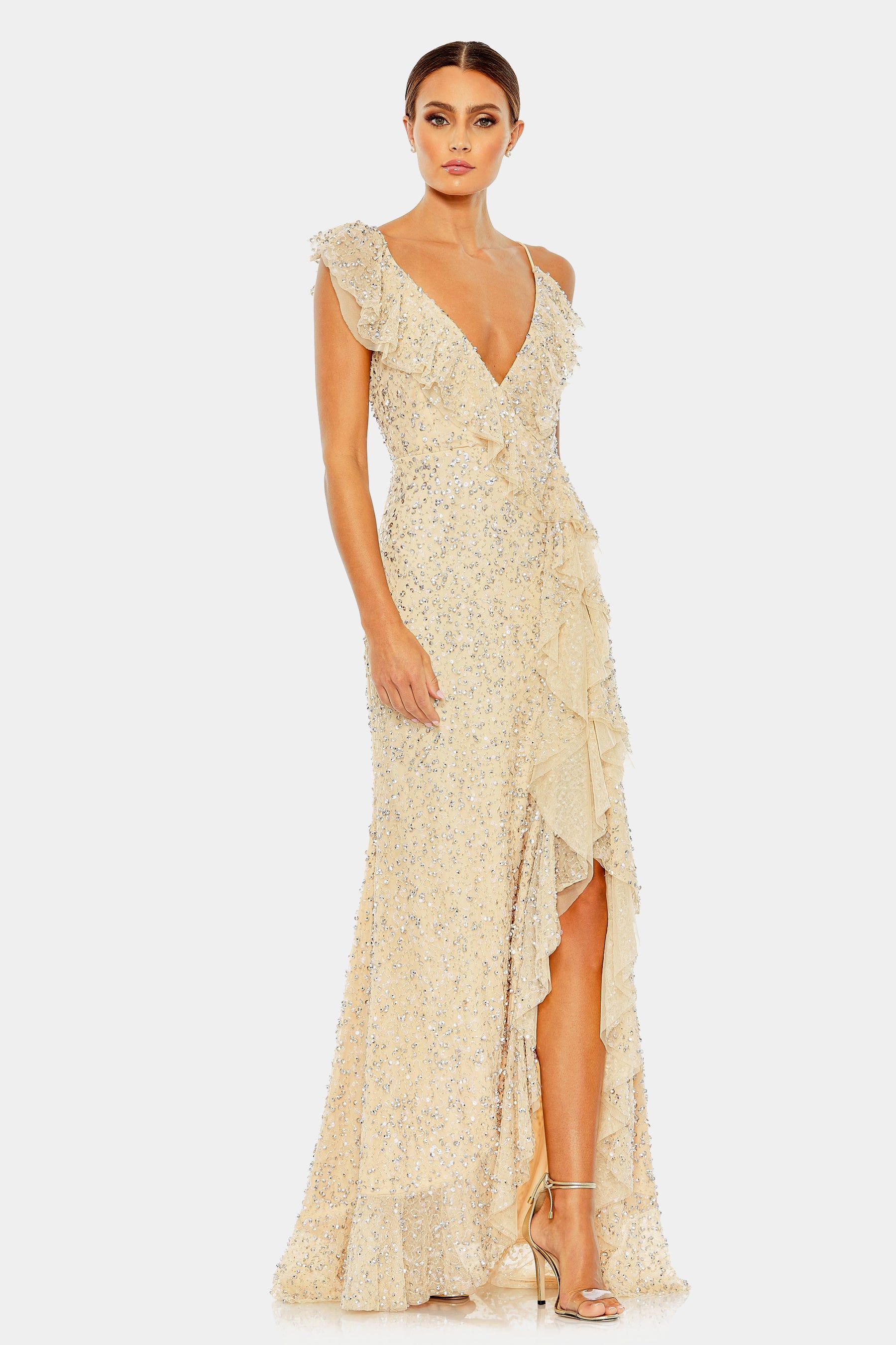 Embellished Ruffled Faux Wrap Sleeveless Gown sold by Lord & Taylor