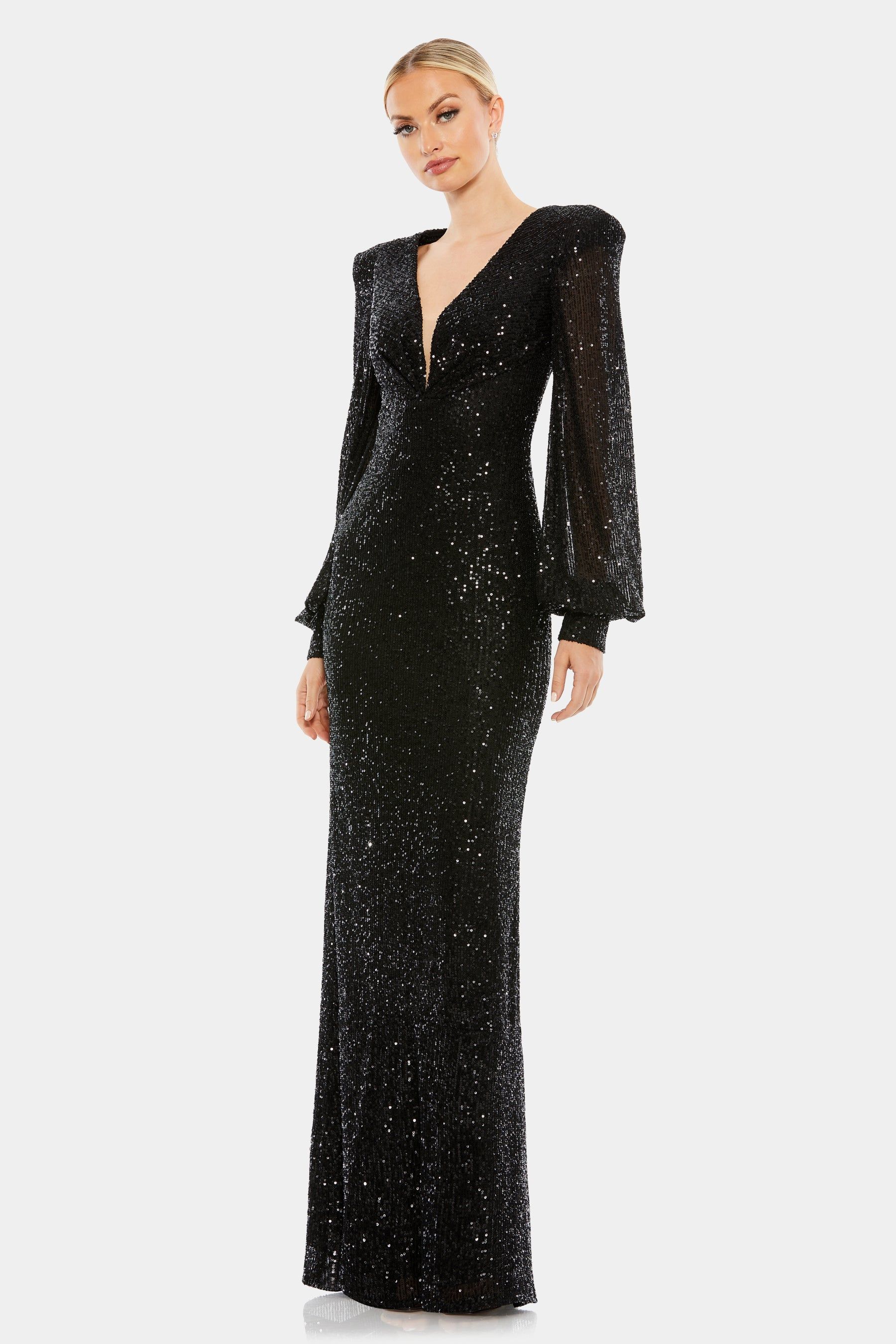 Sequin Plunge Neck Structured Bishop Sleeve Gown sold by Lord & Taylor