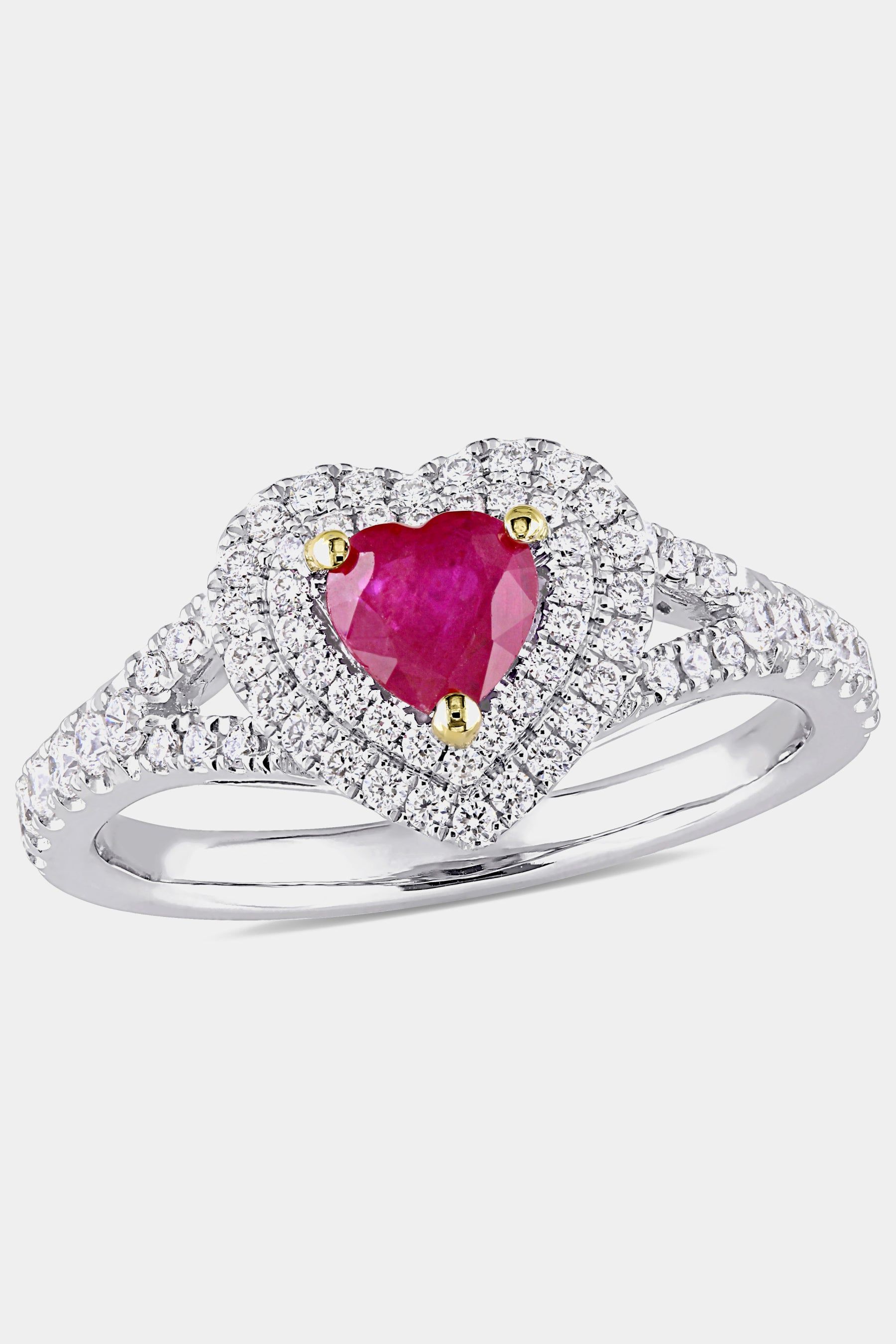 Ruby and Diamond Heart Double Halo Ring in 14k White Gold with Yellow Gold Prongs sold by Lord & Taylor