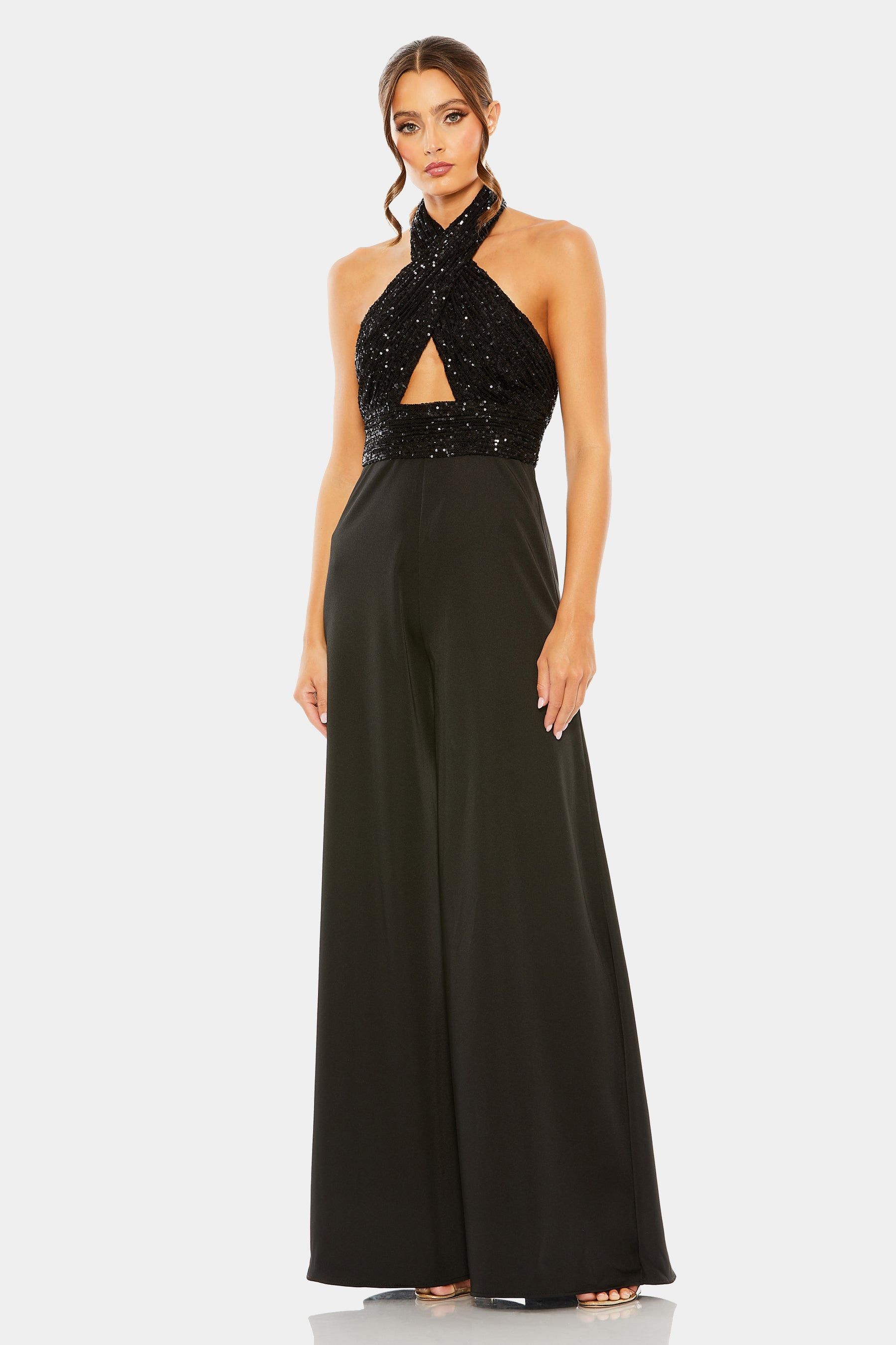 Sequined Cross Neck Halter Jumpsuit sold by Lord & Taylor