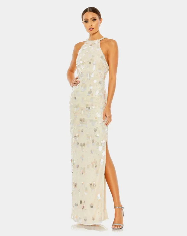 Crystal Embellished Cascade Open Back Column Gown sold by Lord & Taylor
