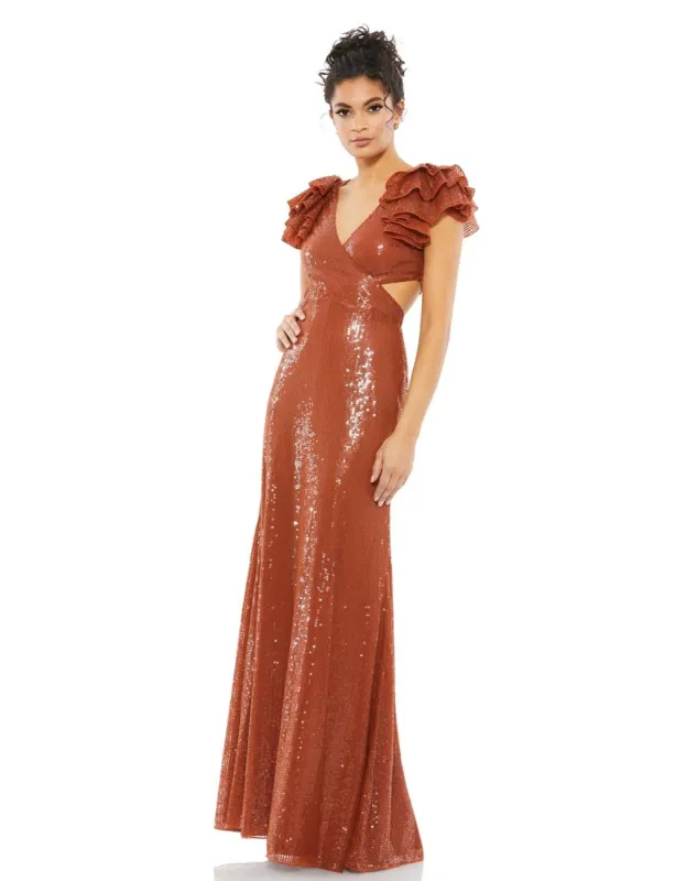 Sequined Ruffled Cut Out Lace Up Gown sold by Lord & Taylor