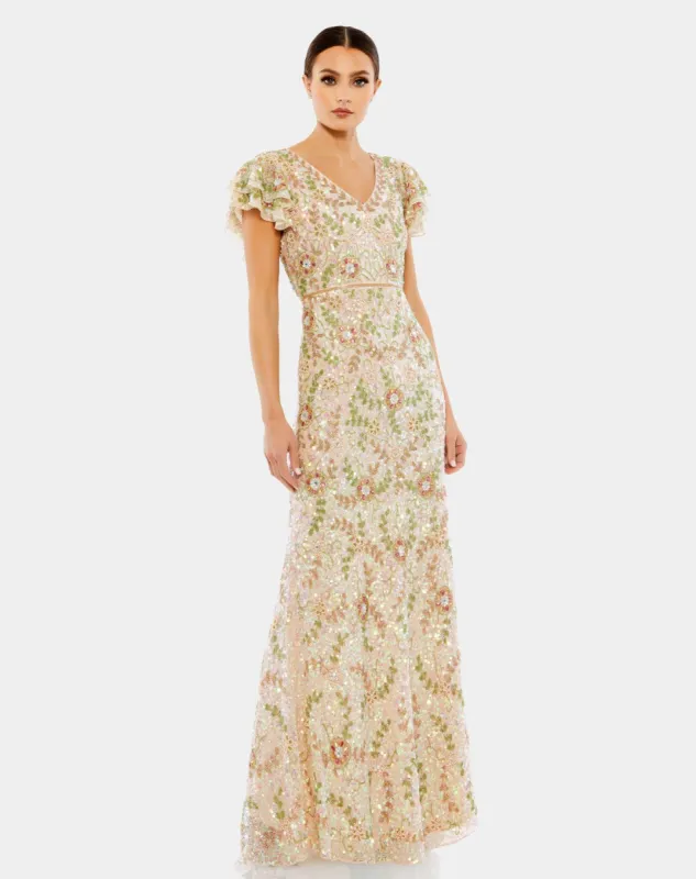 Embellished Ruffled Cap Sleeve V Neck Gown sold by Lord & Taylor