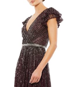Sequined Wrap Over Ruffled Cap Sleeve Gown sold by Lord & Taylor