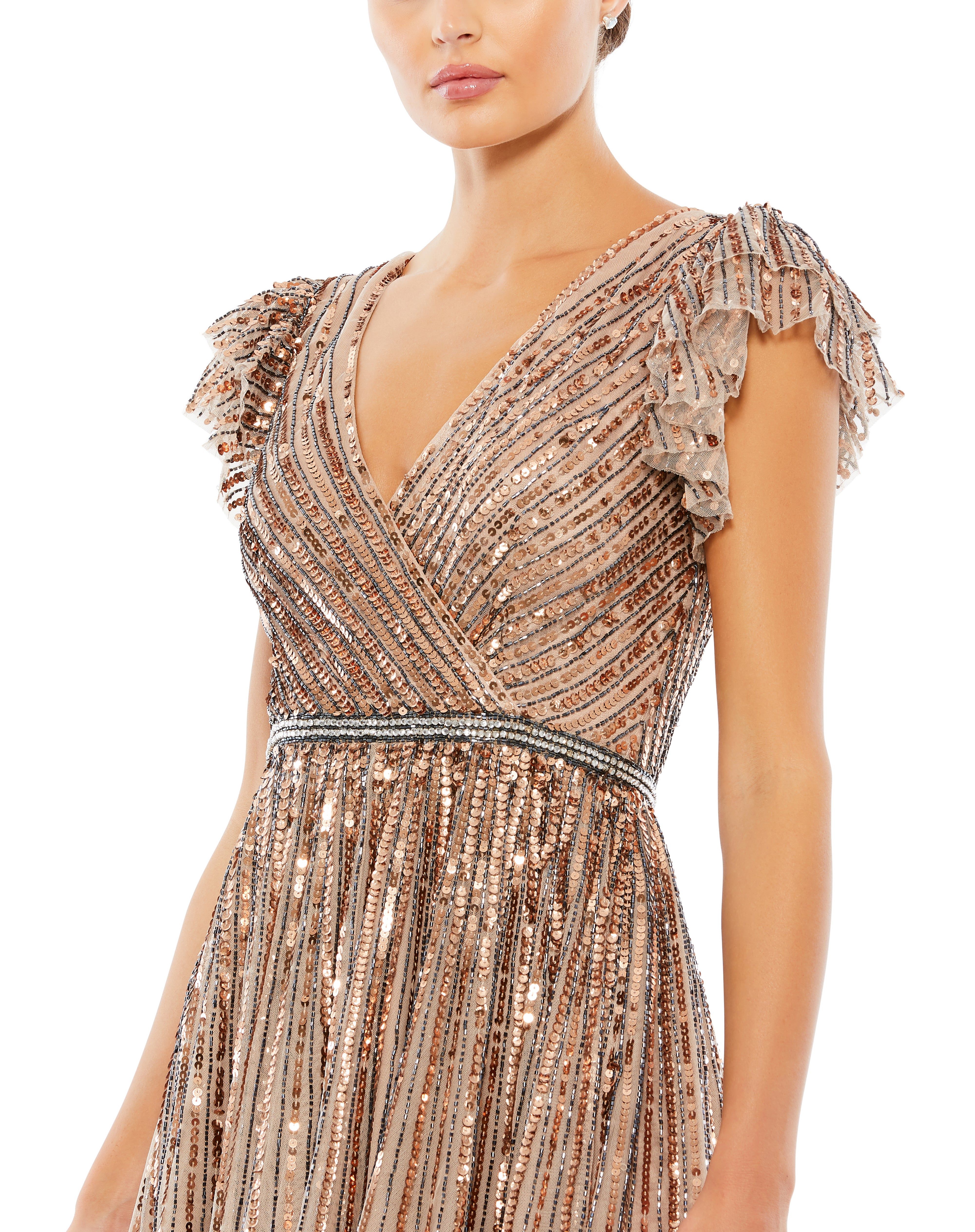 Sequined Wrap Over Ruffled Cap Sleeve Gown sold by Lord & Taylor product image thumbnail 10