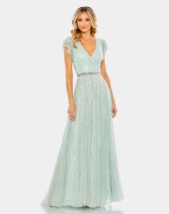 Sequined Wrap Over Ruffled Cap Sleeve Gown sold by Lord & Taylor