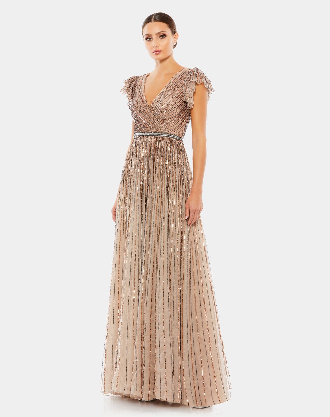 Sequined Wrap Over Ruffled Cap Sleeve Gown sold by Lord & Taylor