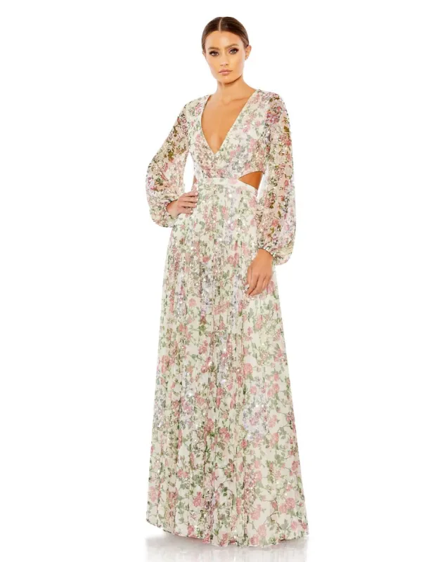 Sequined Floral Print Cut Out Lace Up Gown sold by Lord & Taylor