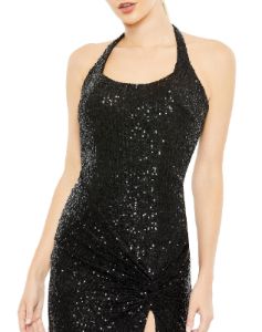 Sequined Halter Strap Low Side Knot Gown sold by Lord & Taylor