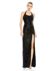 Sequined Halter Strap Low Side Knot Gown sold by Lord & Taylor