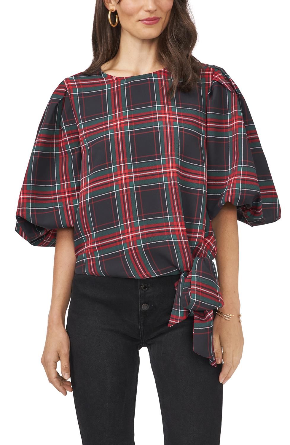 Puff Sleeve Side Tie Plaid Blouse sold by Lord & Taylor